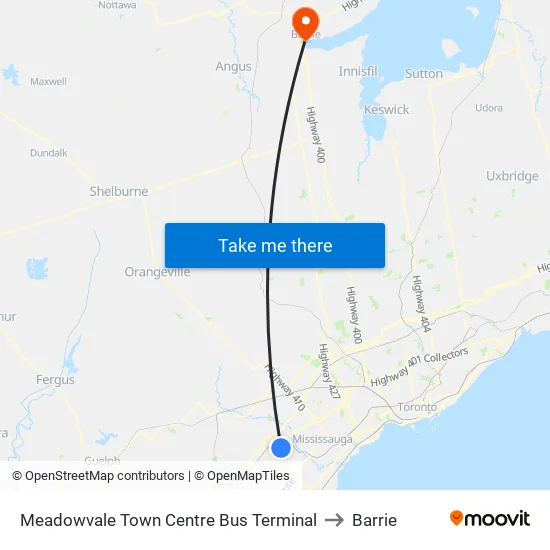 Meadowvale Town Centre Bus Terminal to Barrie map