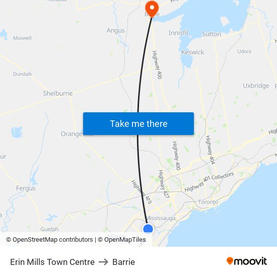 Erin Mills Town Centre to Barrie map