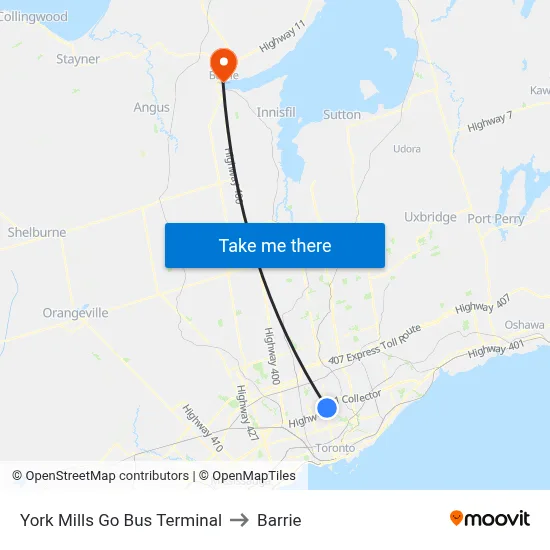 York Mills Go Bus Terminal to Barrie map