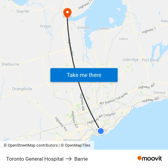 Toronto General Hospital to Barrie map