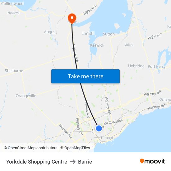 Yorkdale Shopping Centre to Barrie map