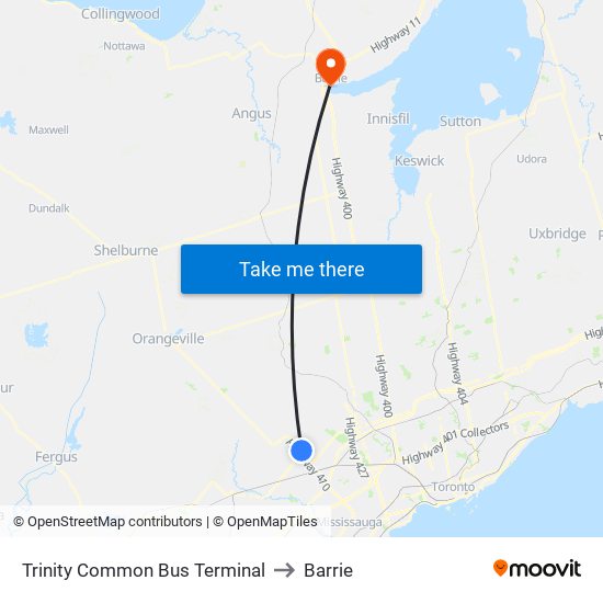 Trinity Common Bus Terminal to Barrie map