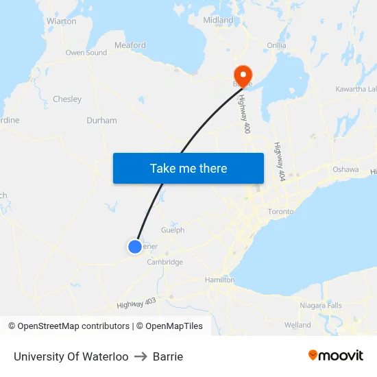 University Of Waterloo to Barrie map