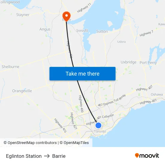 Eglinton Station to Barrie map