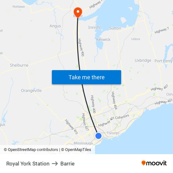 Royal York Station to Barrie map