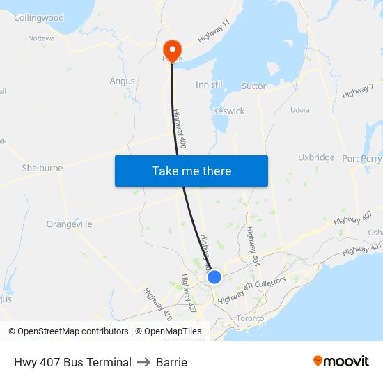 Hwy 407 Bus Terminal to Barrie map