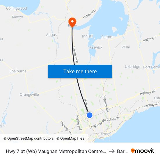 Hwy 7 at (Wb) Vaughan Metropolitan Centre Station to Barrie map