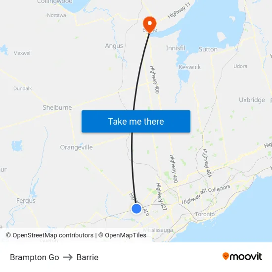 Brampton Go to Barrie map