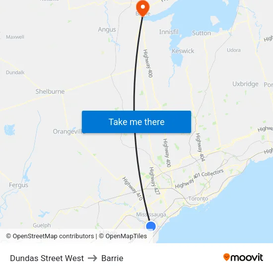 Dundas Street West to Barrie map