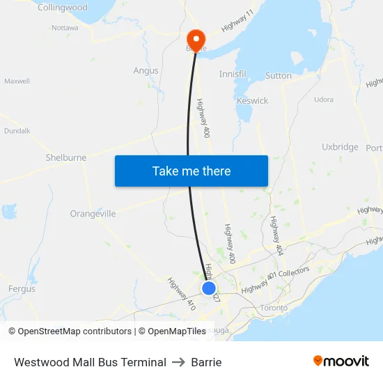 Westwood Mall Bus Terminal to Barrie map