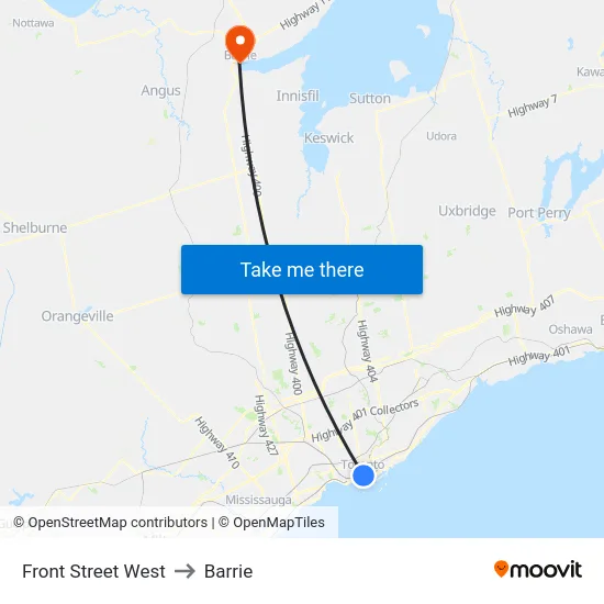 Front Street West to Barrie map