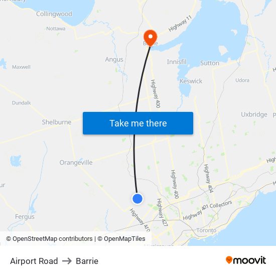 Airport Road to Barrie map