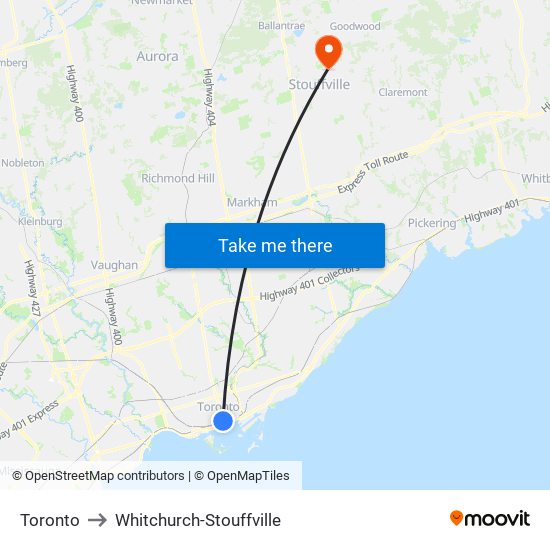 Toronto to Whitchurch-Stouffville map