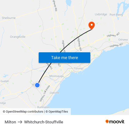 Milton to Whitchurch-Stouffville map