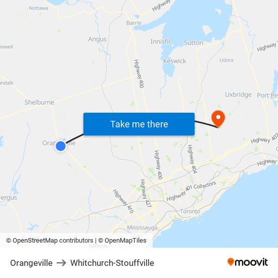 Orangeville to Whitchurch-Stouffville map