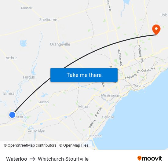 Waterloo to Whitchurch-Stouffville map