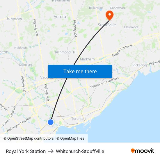 Royal York Station to Whitchurch-Stouffville map