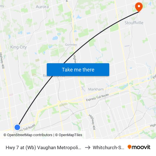 Hwy 7 at (Wb) Vaughan Metropolitan Centre Station to Whitchurch-Stouffville map