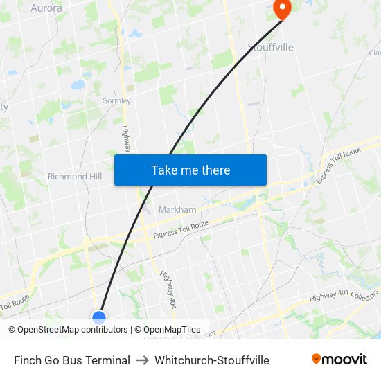 Finch Go Bus Terminal to Whitchurch-Stouffville map