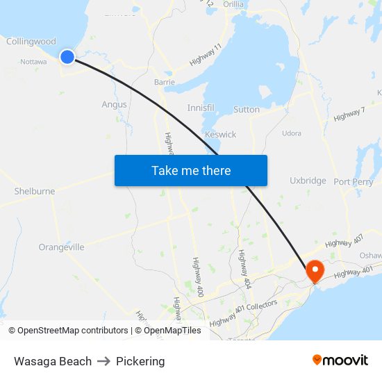 Wasaga Beach to Pickering map