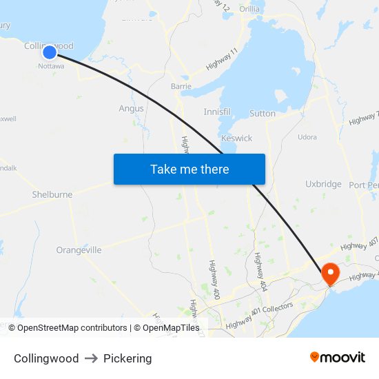 Collingwood to Pickering map