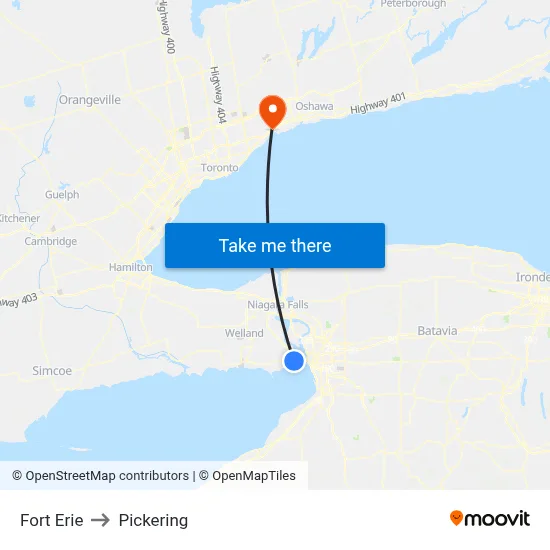 Fort Erie to Pickering map