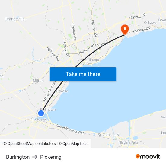 Burlington to Pickering map