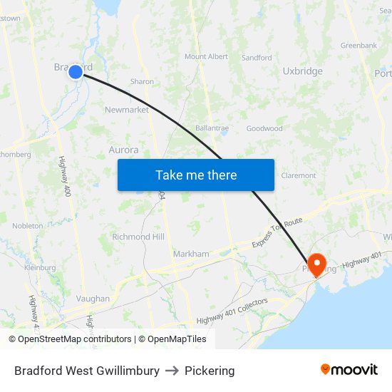 Bradford West Gwillimbury to Pickering map