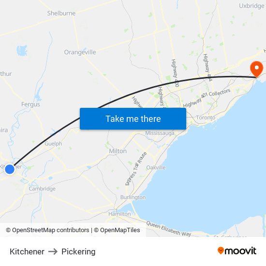 Kitchener to Pickering map