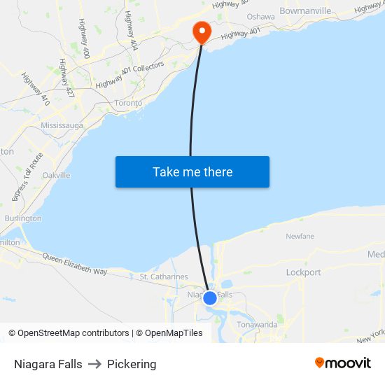 Niagara Falls to Pickering map