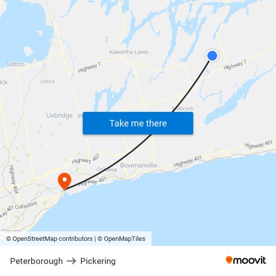 Peterborough to Pickering map