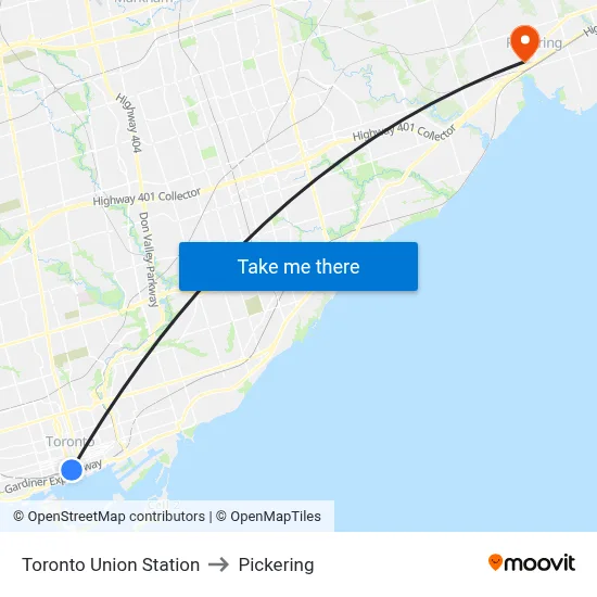 Toronto Union Station to Pickering map