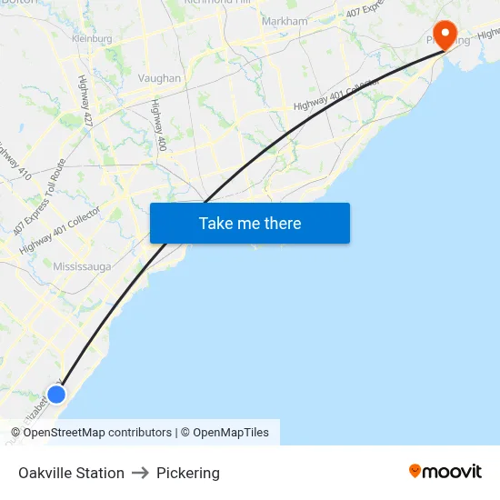Oakville Station to Pickering map