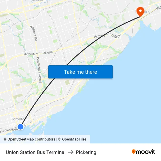 Union Station Bus Terminal to Pickering map