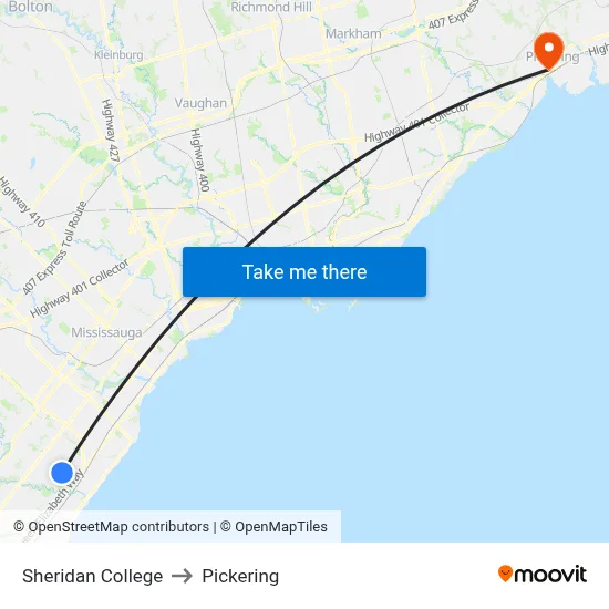 Sheridan College to Pickering map