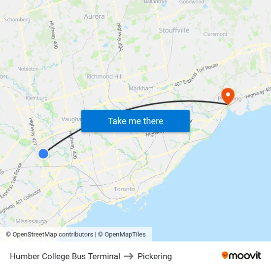 Humber College Bus Terminal to Pickering map