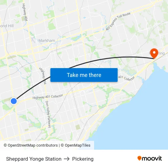 Sheppard Yonge Station to Pickering map