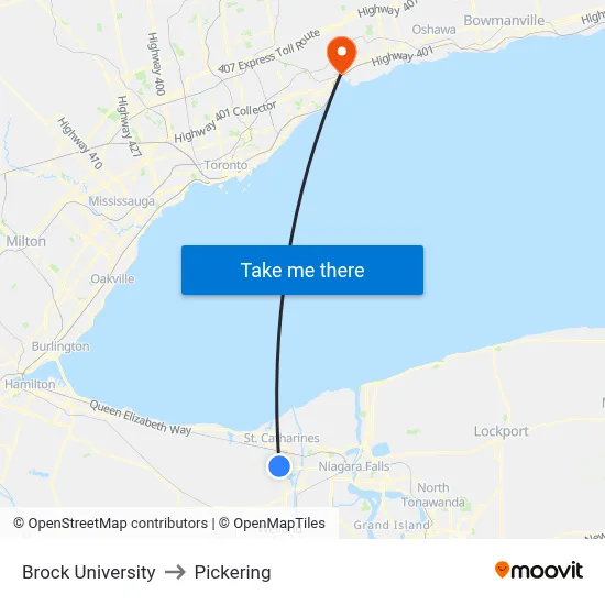 Brock University to Pickering map