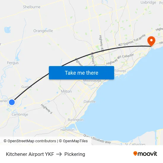 Kitchener Airport YKF to Pickering map
