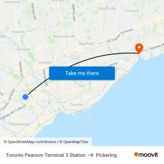 Toronto Pearson Terminal 3 Station to Pickering map