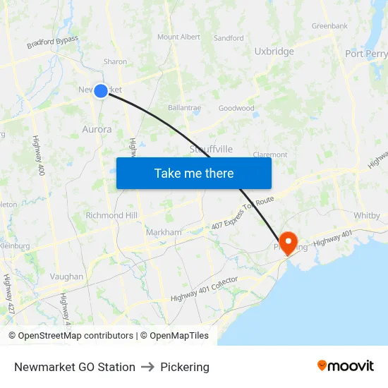 Newmarket GO Station to Pickering map