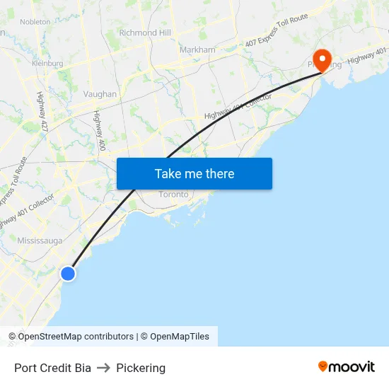Port Credit Bia to Pickering map