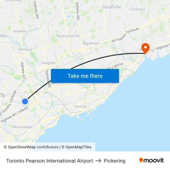Toronto Pearson International Airport to Pickering map