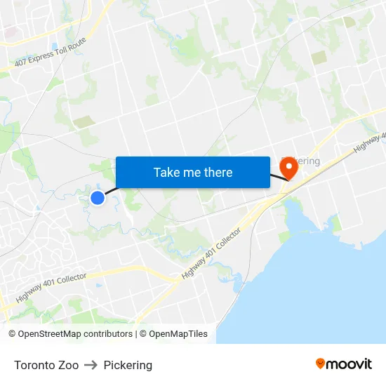 Toronto Zoo to Pickering map
