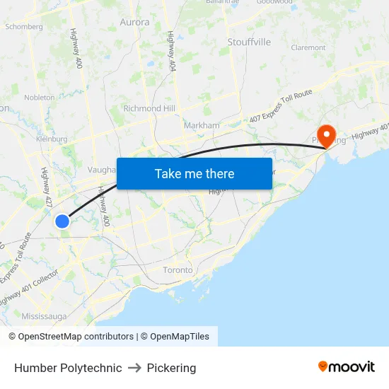 Humber Polytechnic to Pickering map