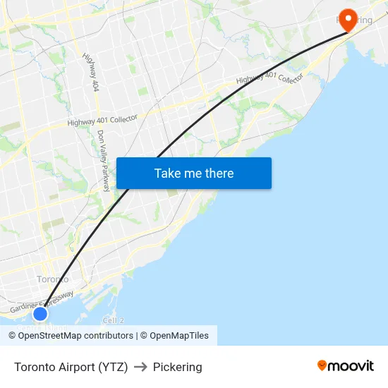 Toronto Airport (YTZ) to Pickering map
