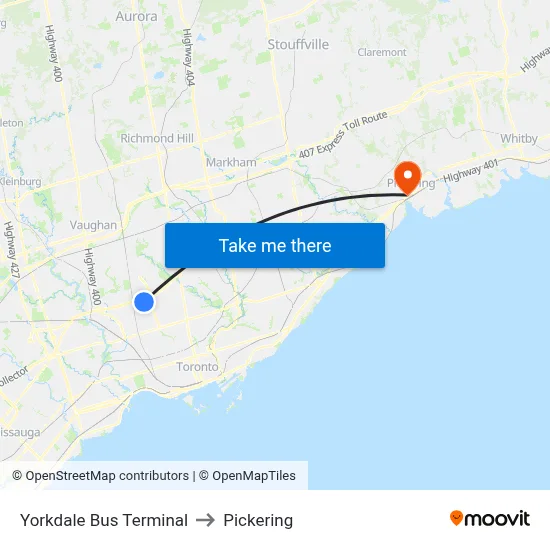 Yorkdale Bus Terminal to Pickering map