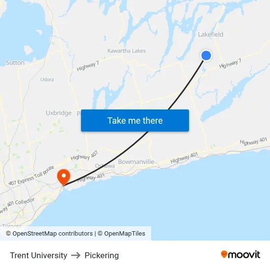 Trent University to Pickering map