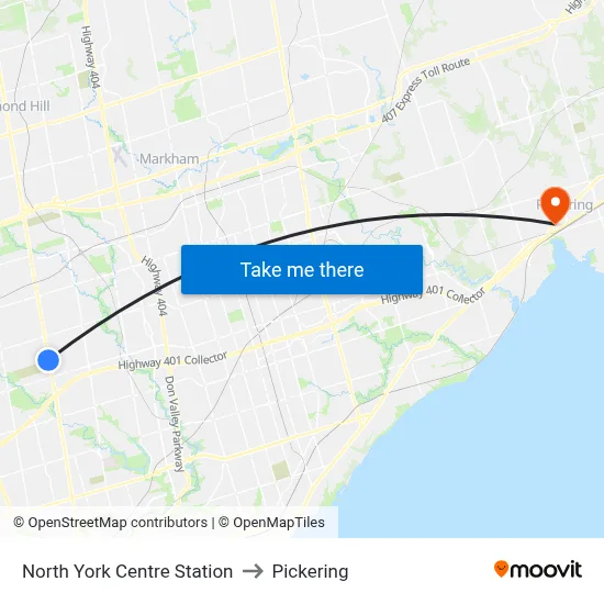 North York Centre Station to Pickering map