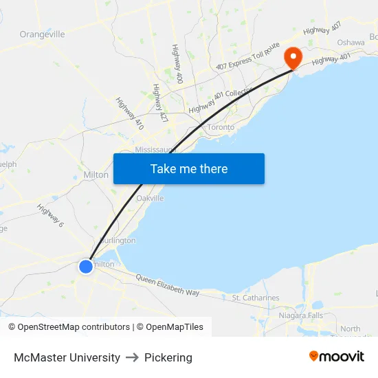 McMaster University to Pickering map